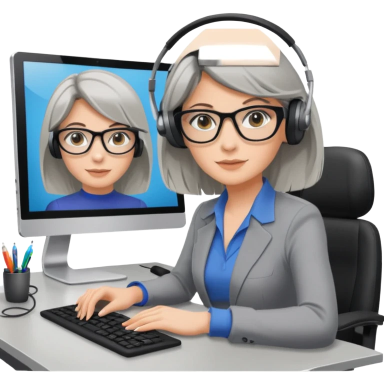 donna bionda occhi azzurri con occhiali grigio/neri, capelli media lunghezza lisci, davanti al pc alla sua scrivania. è una grafica editoriale e redattrice emoji