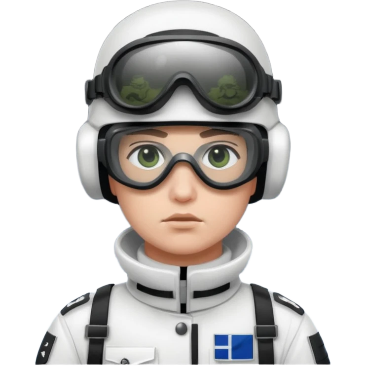 A Finnish modern soldier in a white snow uniform. with black night vision goggles emoji