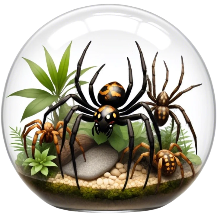Collage of various spiders, including tarantulas and other exotic species, in a glass terrarium with webs and natural décor. Close-up shots of their intricate legs, eyes, and fuzzy bodies. Soft lighting, transparent background. emoji