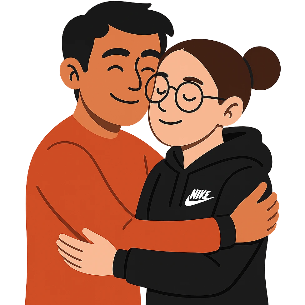 flat toon style hispanic man with black hair hugging a light-skinned woman in a black Nike hoodie, woman has one bun in the back and thin black glasses emoji
