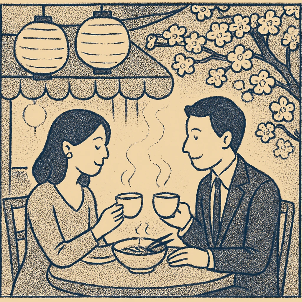 A romantic couple enjoying dinner at an outdoor Japanese street cafe, paper lanterns hanging above, steam rising from tea cups, cherry blossoms in the background emoji