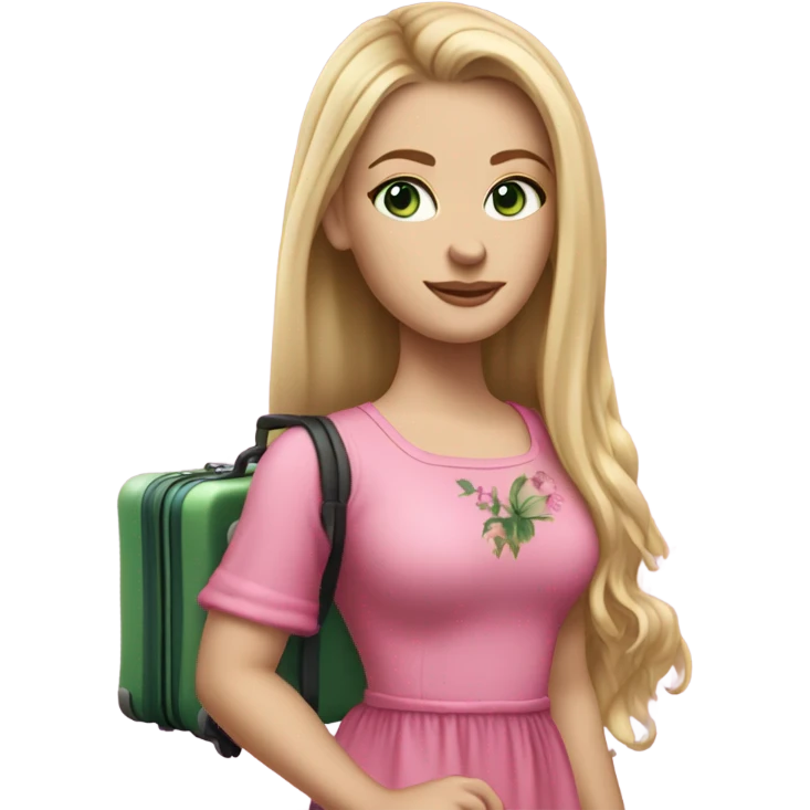 Realistic White girl with Long straight blonde hair and green eyes, tattoos, full body wearing pink dress, holding pink luggage emoji