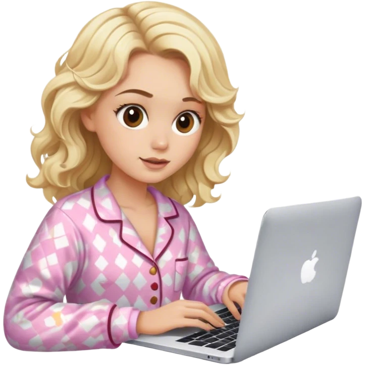 Blonde model with brown eyes, wavy hair, pajamas, typing on MacBook  emoji