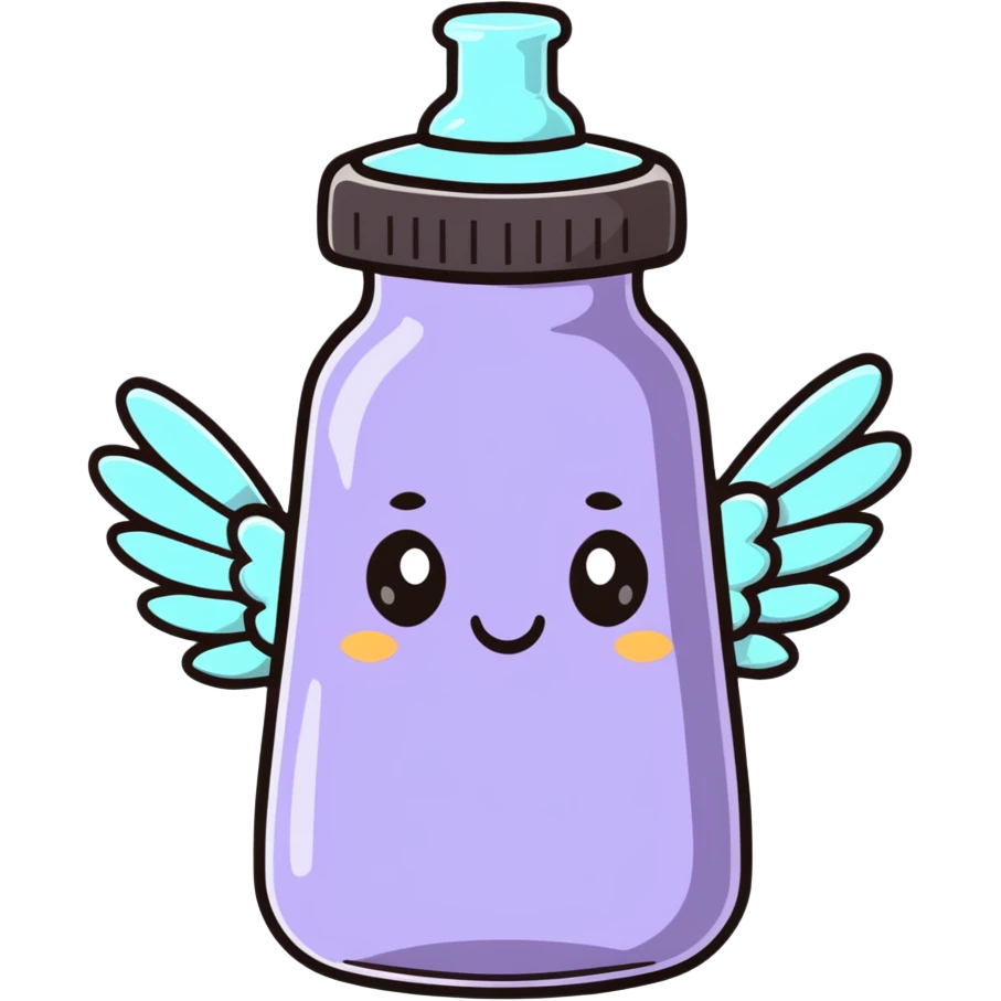 flying baby bottle with milk, wings, cartoon style emoji