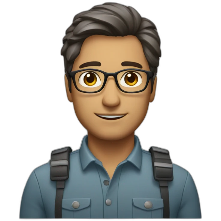 male engineer with medium length spreaded from middle hair and brown eyes with circular glasses emoji