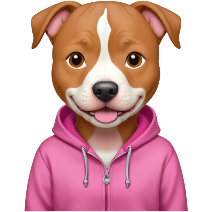 Tan red nosed pitbull dog wearing pink hoodie emoji