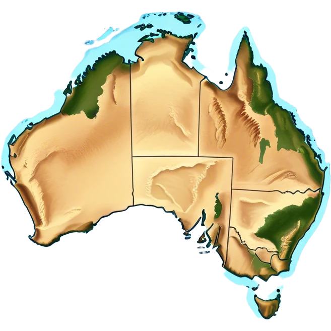 Outline and Landmass of Australia – map of Australia, featuring its distinct coastline and iconic landmass shape. The deep blue ocean surrounds the golden-brown continent, with subtle topographic details highlighting its vast deserts, lush forests, and rugged coastline. A soft glow accentuates the edges, making the shape unmistakable. emoji