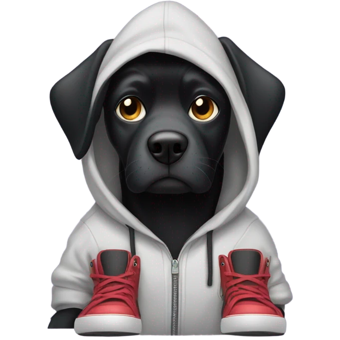 black dog in a hoodie with a cellphone and big shoes emoji