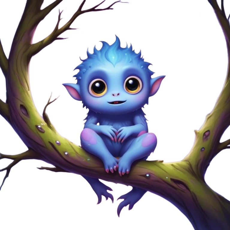 3D, create an image of a cartoon monster with big eyes sitting on a tree branch, thomas kinkade and paul lehr, pixar cute character design, by Anne Stokes, splashes of neon galaxies, adorably cute, drew struzan inspiration, 2019, by Wojciech Korneli Stattler, beautiful mattepainting emoji