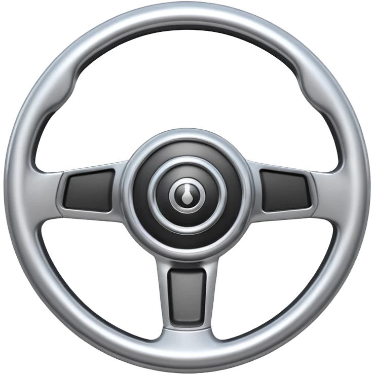 A futuristic steering wheel emoji made of silver chrome, minimal geometric design, smooth metallic surface, soft reflections, iOS emoji style, centered, clean white background emoji