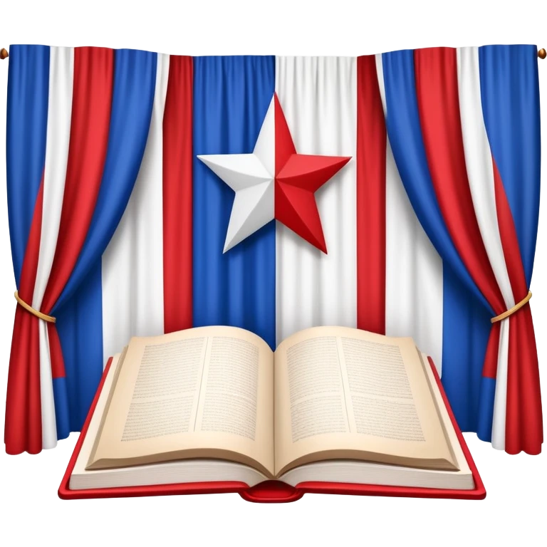 Book of theatrical set design with cover designed like the Puerto Rican flag, red and blue stripes with white star, theater curtains visible on pages emoji