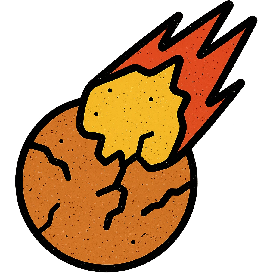 minimalist icon of a meteor falling into and destroying a planet, worn distressed effect emoji