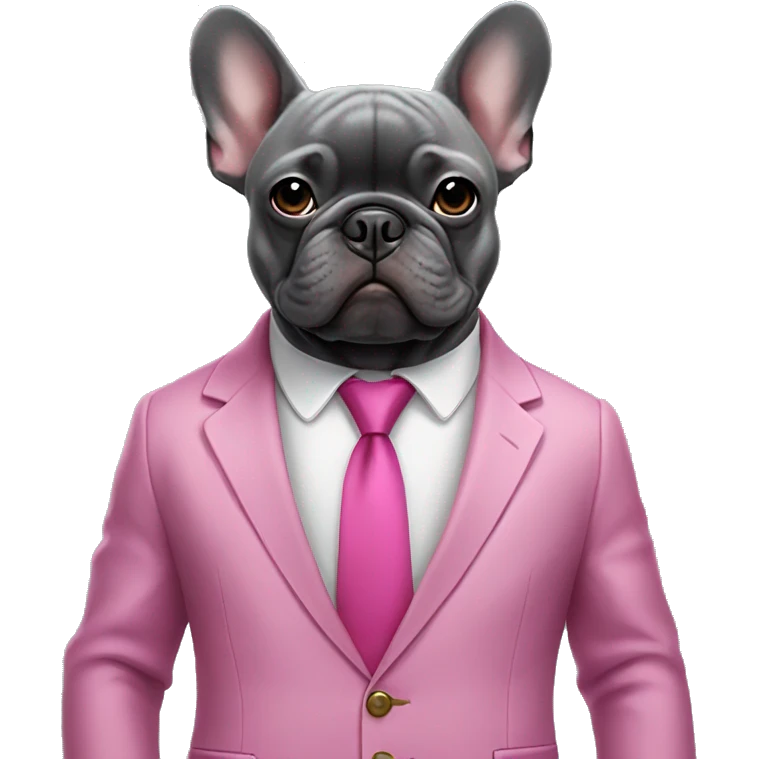 A dark grey French bulldog in a pink suit emoji