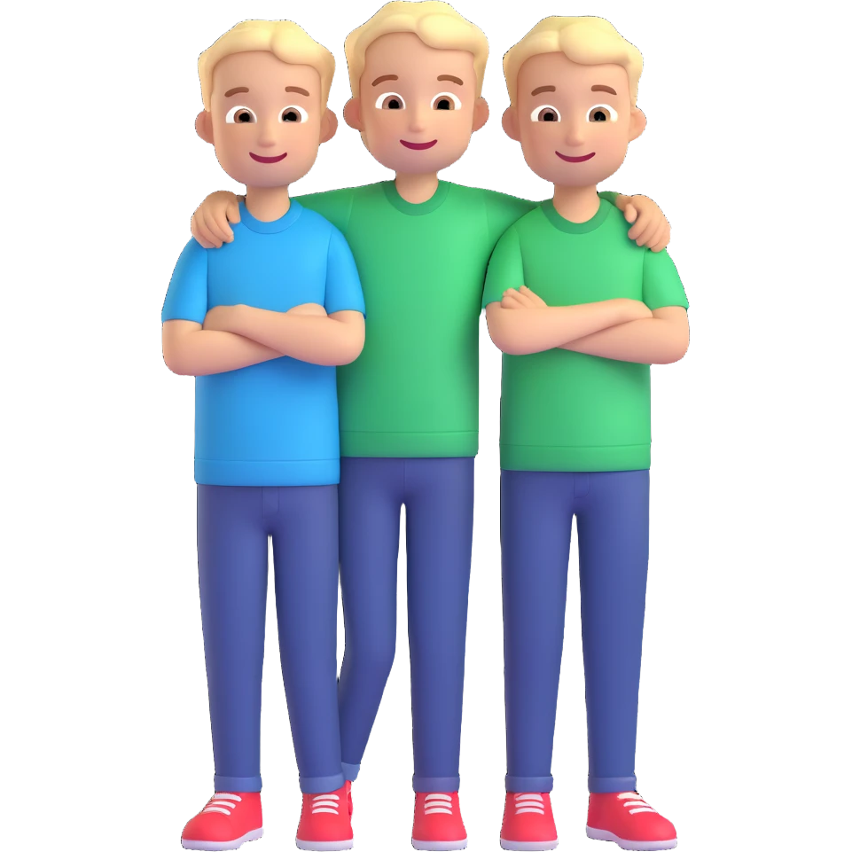 Two cartoon-style boys with similar features, arms around each other's shoulders, smiling, matching outfits, standing close, white background, emoji style emoji