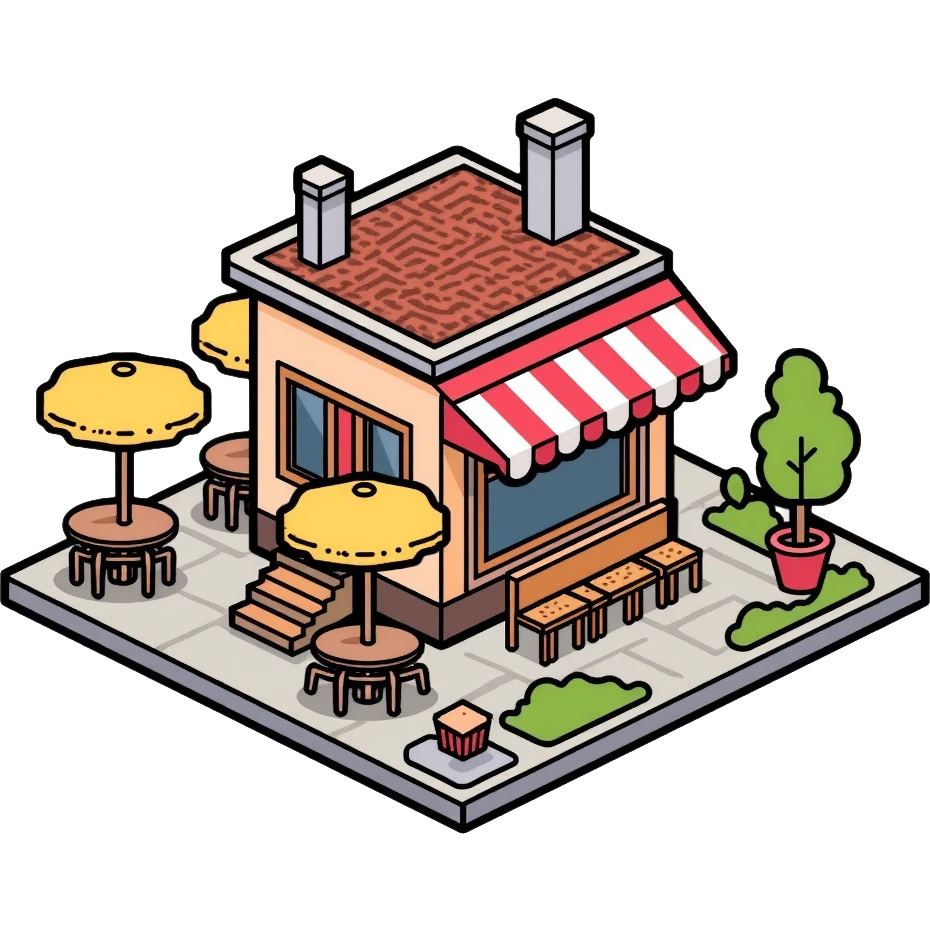 isometric corner cafe shop with outdoor seating and umbrellas emoji