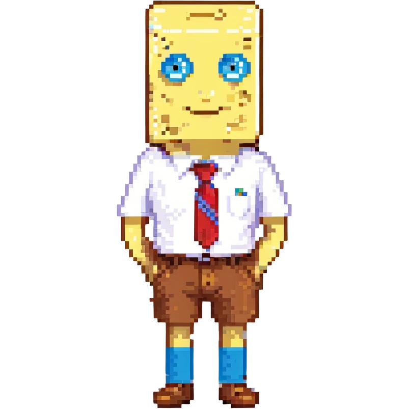 SpongeBob SquarePants, pixel art style, yellow sponge, blue eyes, white shirt, red tie, brown shorts emoji
