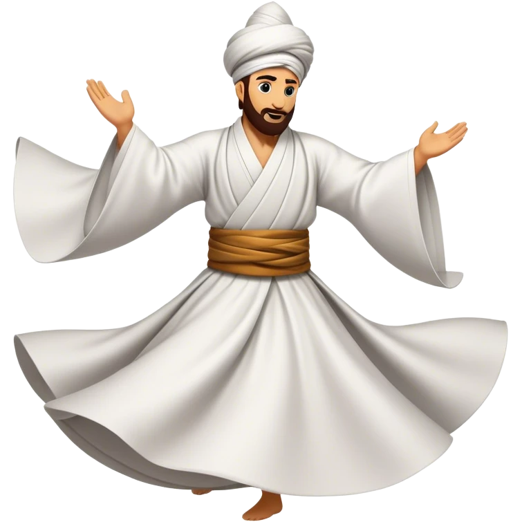 Cinematic Realistic Whirling Dervish Dance Emoji, depicted as a mesmerizing traditional Sufi dance scene with flowing robes and dynamic movement, rendered with vibrant textures and swirling mystical lighting that captures its spiritual energy. emoji