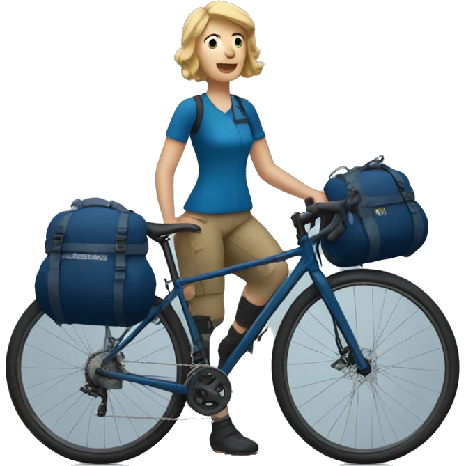 bikepacking white woman on a dark blue bike with bike bags at the back  emoji