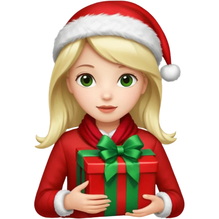 a girl wearing a chirstmas jacket and scarf and holding a christmas gift emoji