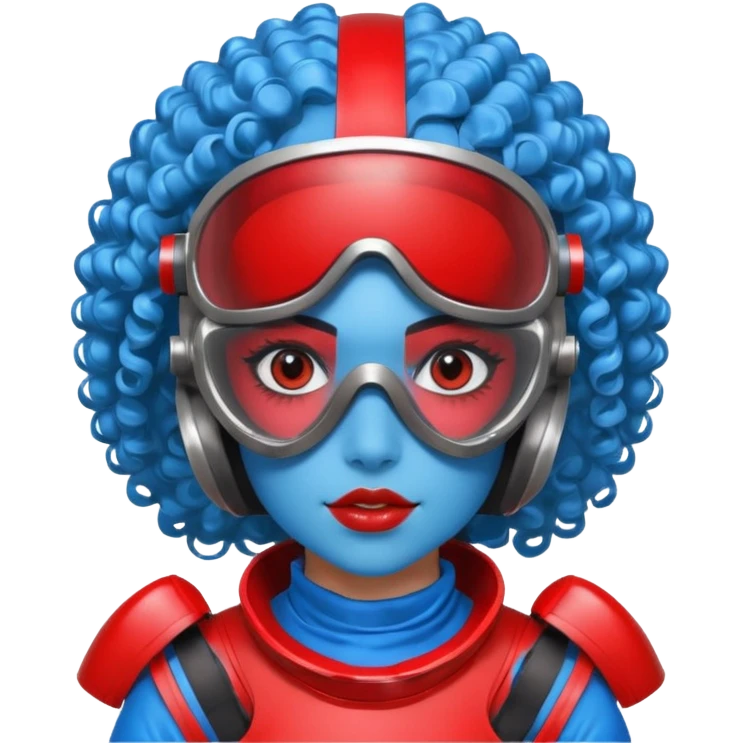 blue curly haired girl with huge earrings, wearing red paintball helmet and eye protection, only face  emoji