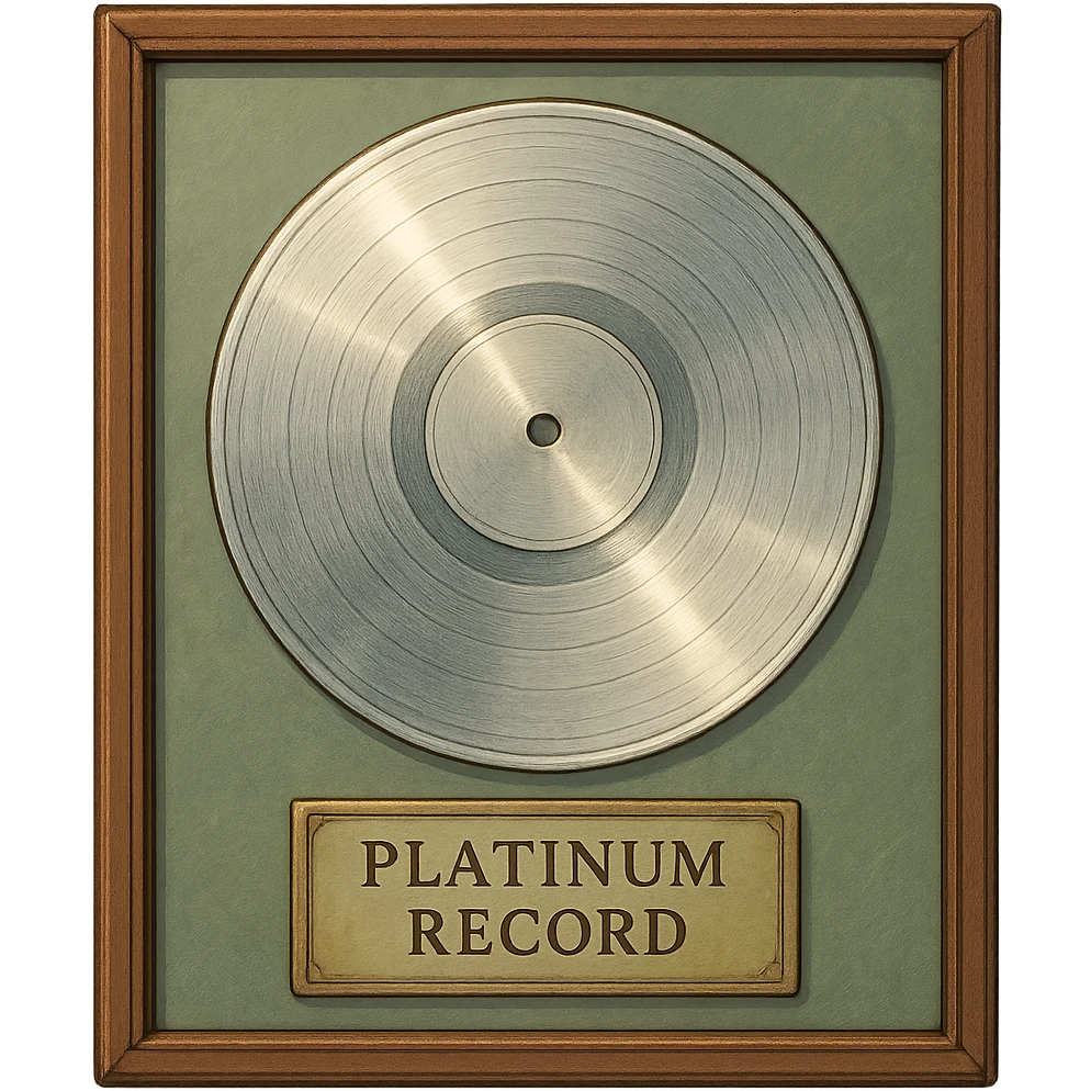 detailed ghibli style illustration of a platinum record award in a frame, soft lighting, elegant emoji
