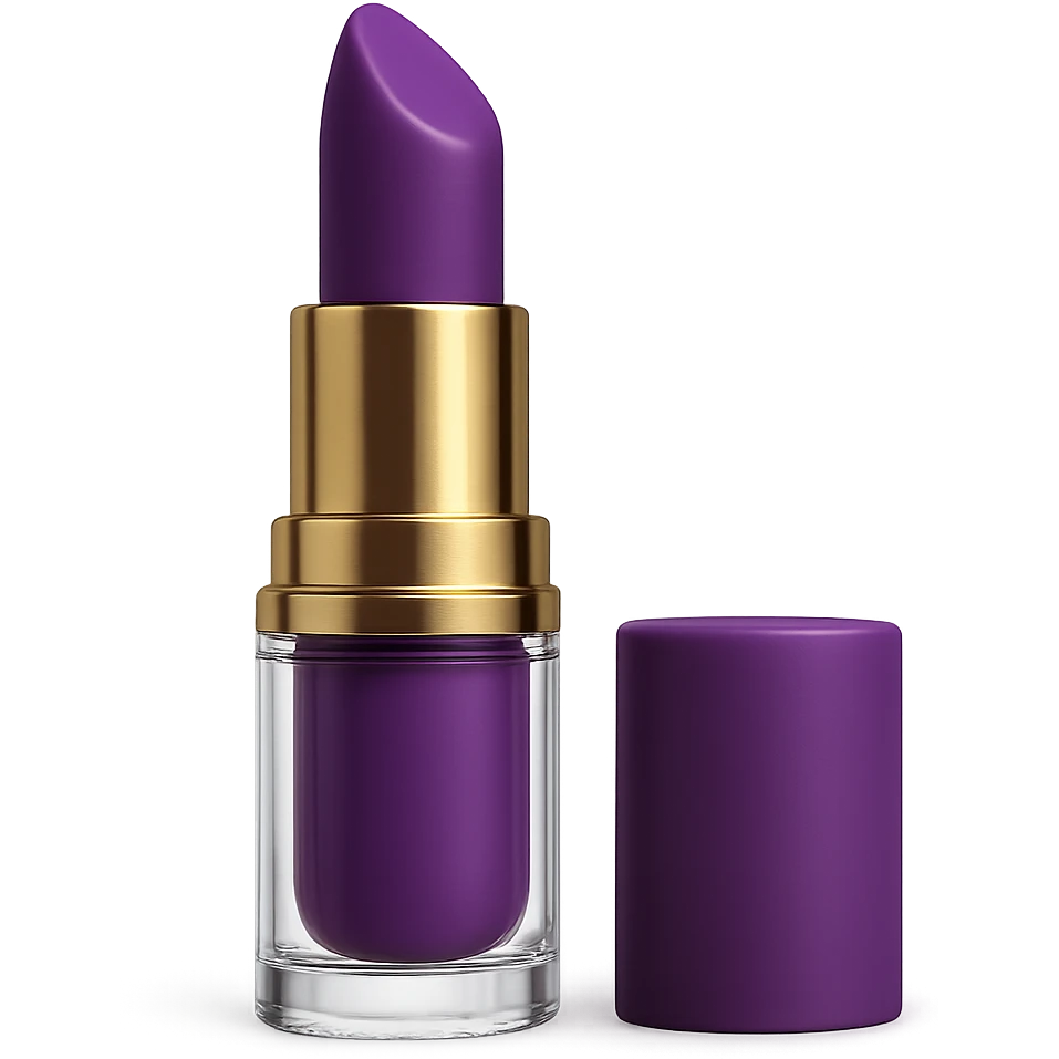 Create a realistic lipstick emoji with a transparent case and purple lipstick. The image should have no background and be in a photorealistic style. emoji