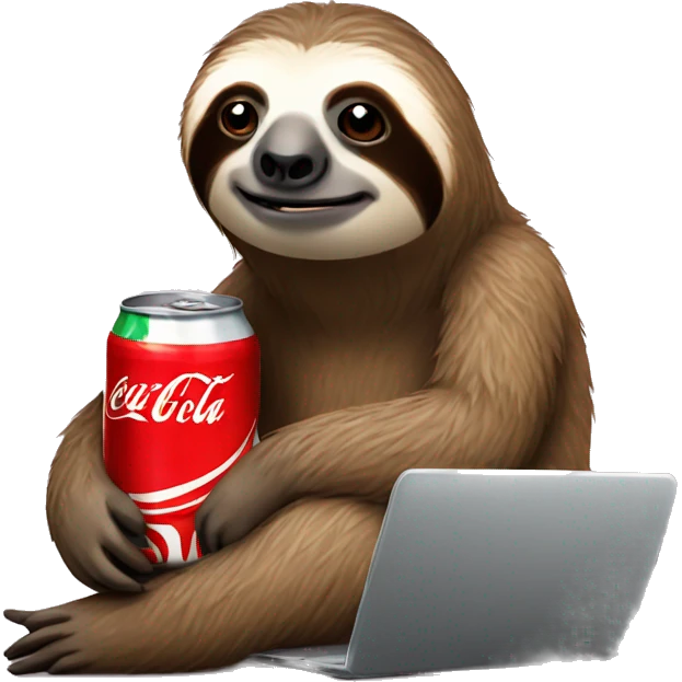 tired sloth with coca cola can and laptop emoji