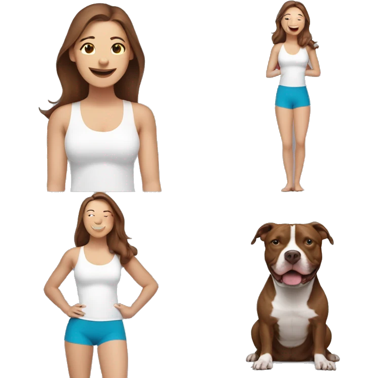 white woman with long brown hair expressing joy dressed in a yoga outfit alongside a pitbull dog emoji