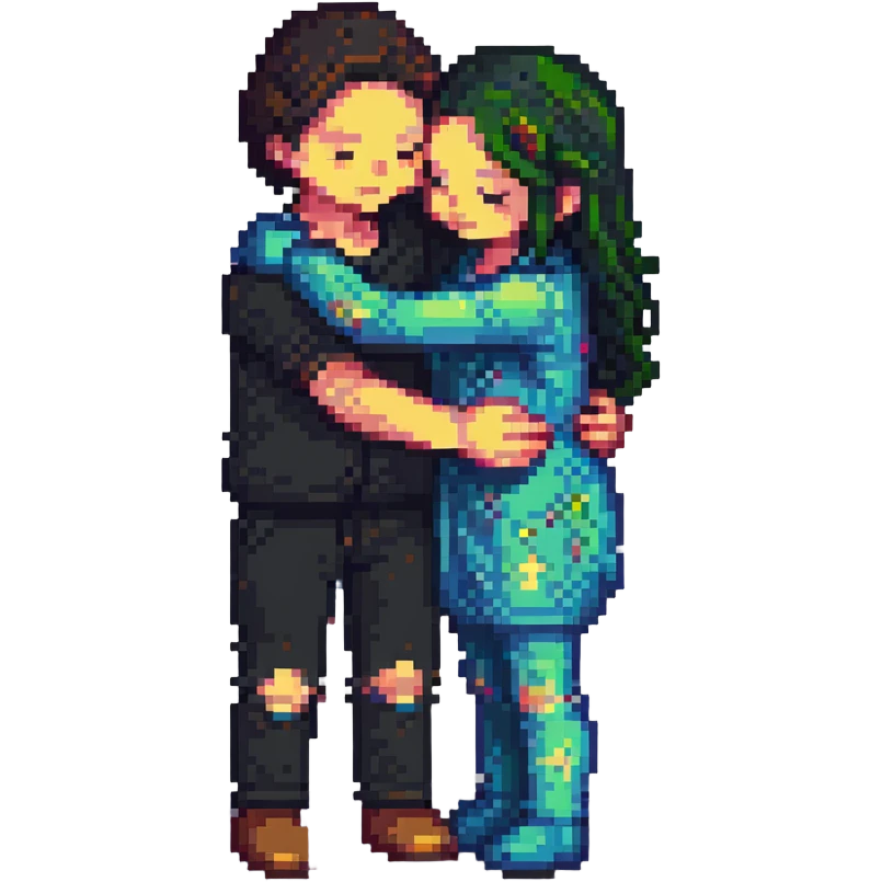 Pixelated characters hugging emoji