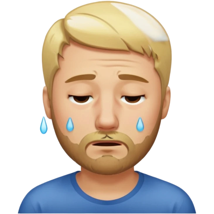 A man with short unparted blond hair hair and a short brown  beard making a weary crying  face with eyes closed emoji