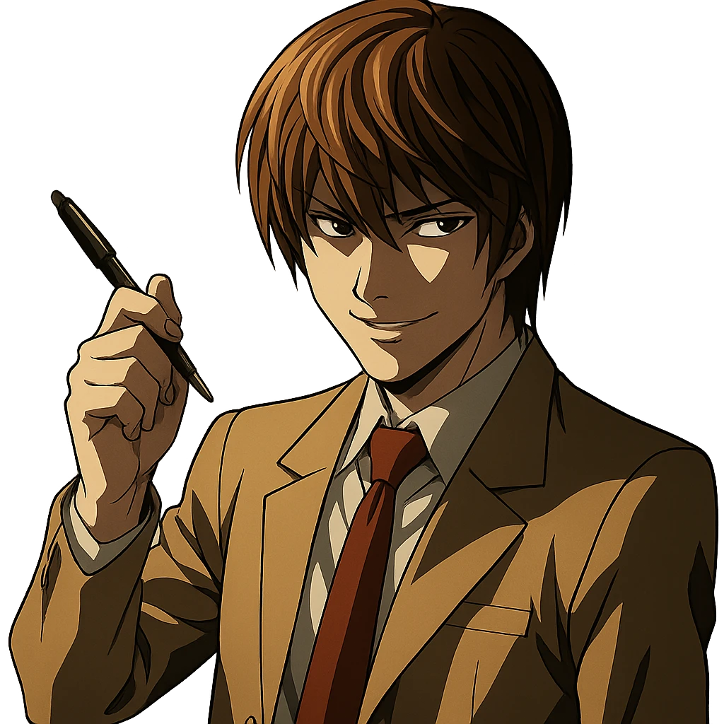 Light Yagami from Death Note, anime style, smirking, holding a pen, dramatic lighting, brown hair, school uniform emoji