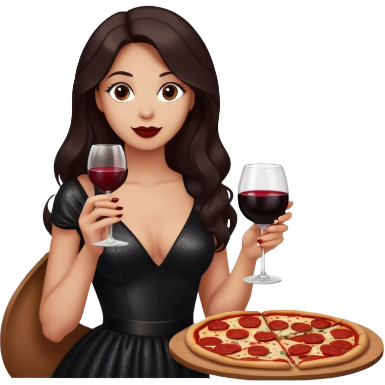 Beautiful woman in 1950’s woman fashion look, black shimmery dress, long dark brown hair, red wine, Pepperoni pizza emoji