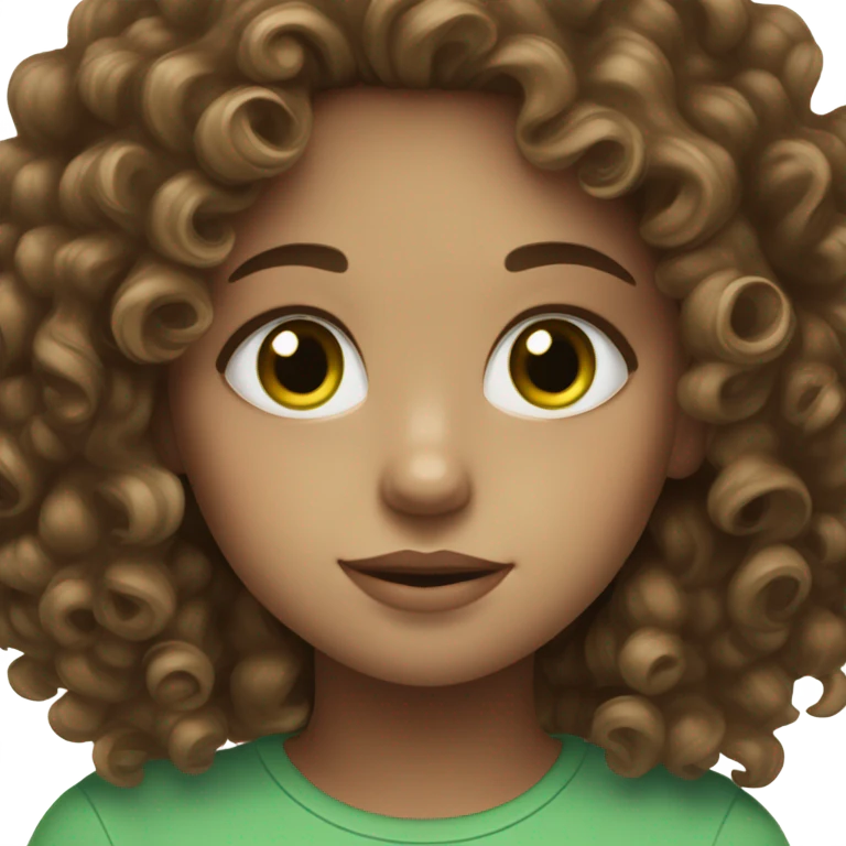 a brown curly haired girl with green eyes, white skin and pretty mims emoji