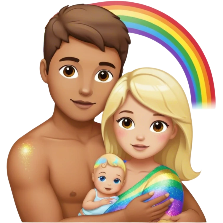 Brunette man and brunette woman with blonde baby, gay, rainbow, glitter, pride emoji