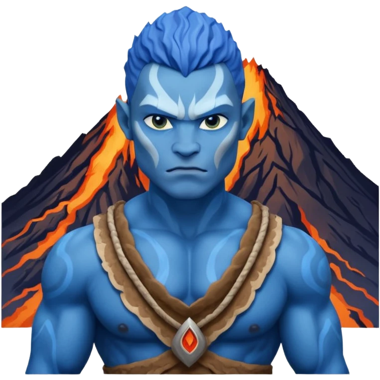 a Avatar blue skin wearing ancient animal skin cloth with volcano behind, half body, icon emoji