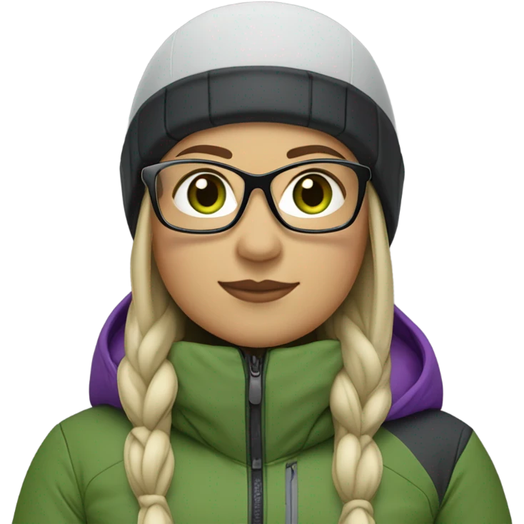 Green-eyed, chubby female skier with long straight hair, glasses, grey purple snow jacket, long black pants, black only snow boots and black skis looking cool. emoji