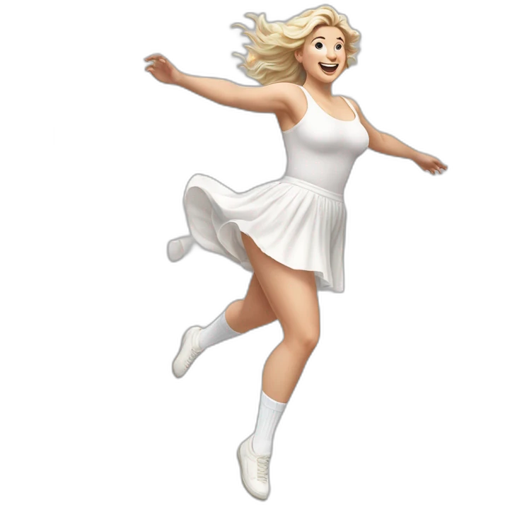 Hyperrealistic Full body Caucasian curvy beauty jumping short white skirt back and front views strong wind knickers long white socks emoji