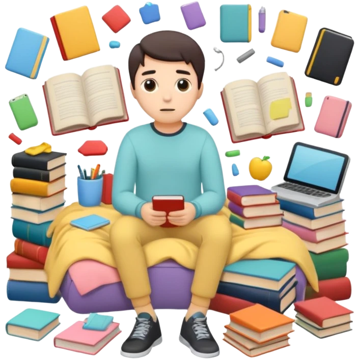 messy room with scattered objects, clothes and books everywhere, simplified human character looking slightly overwhelmed but safe, everyday chaos, flat custom emoji sticker, pastel colors, rounded shapes, minimal details, thick outline, white background, no text emoji