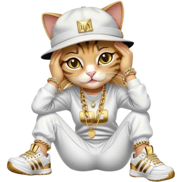 female cat lying down horizontally on the ground, crying, wearing Run DMC hip-hop outfit with tracksuit, fedora, Adidas sneakers, many gold chains, rings, bracelets, flashy earrings, no sunglasses emoji