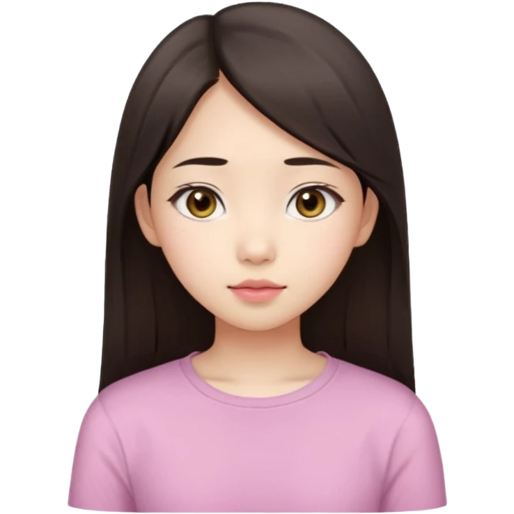 Asian girl, 17 years old, fair skin, oval face, big brown eyes, long straight dark brown hair, soft pink lips, calm expression, wearing a pale yellow top, portrait from head to chest, white background. emoji