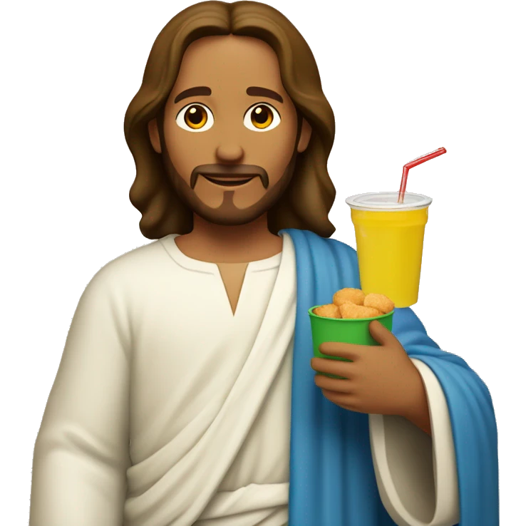 Jesus holding a white and red container of chicken nuggets and lemonade emoji
