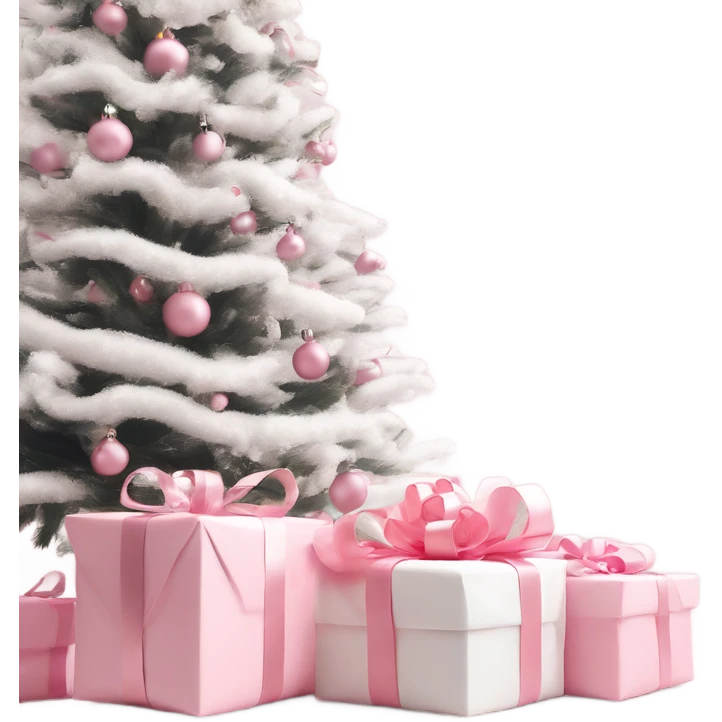 Light pink Christmas gifts under a white Christmas tree  emoji