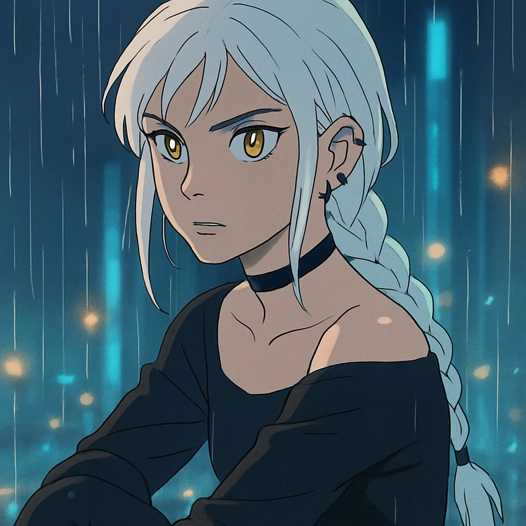 closeup portrait of young woman with gold yellow eyes, white hair in a long braid, black off-shoulder top, punk gothic style, futuristic cyberwave, sitting position, rain and glowing reflections, ghibli style emoji