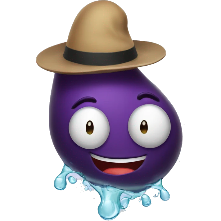 An eggplant with a hat on its head and water coming out of it emoji