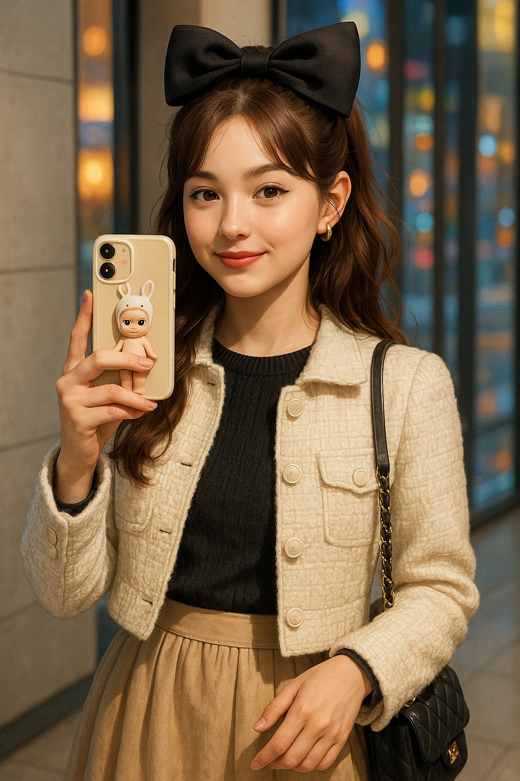 realistic depiction of a stylish girl with a big bow, fashionable cute clothes, and a phone case featuring a Sonny Angel toy emoji