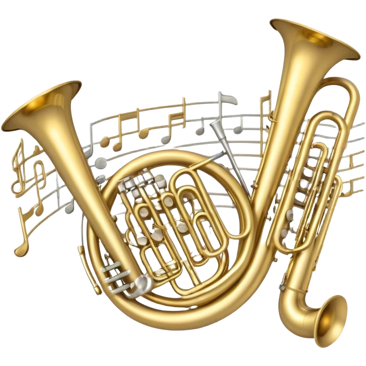 Create a professional, harmonious emoji collage symbolizing wind instruments.  The instruments should be in metallic gold, silver, and brass tones, with subtle reflections to convey a professional and polished appearance. Add soft musical notes or soundwaves to surround the instruments, creating a sense of movement and sound. The background should be transparent, ensuring all instruments are the focus and the composition remains harmonious and balanced. emoji