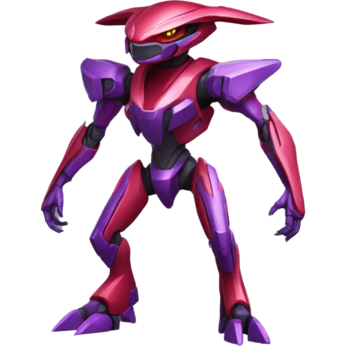 a shiny purple-red Genesect-Raptor-Fakémon—hybrid with a futuristic visor-helmet full body emoji