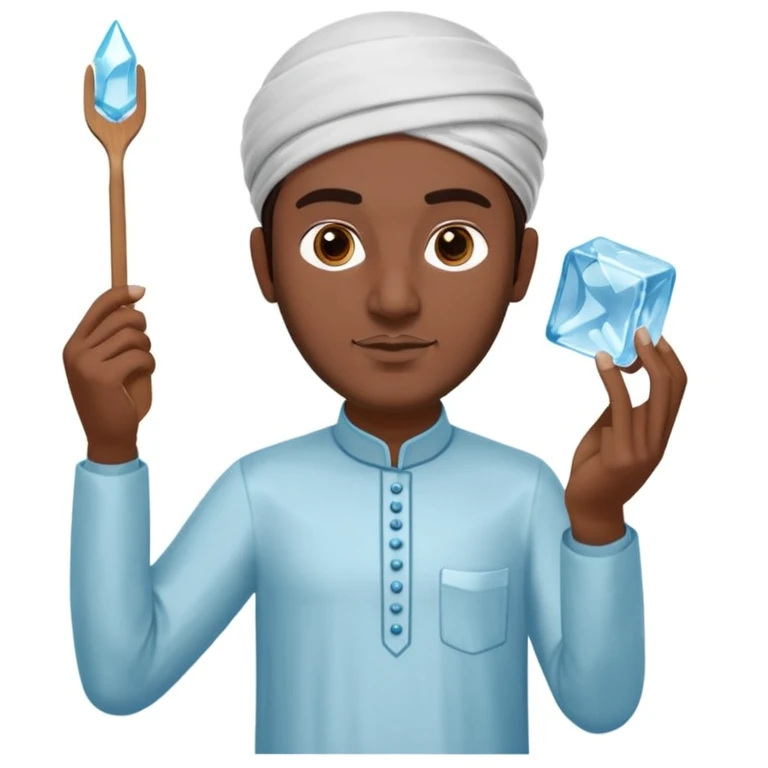 Pakistani street ice seller holding an ice pick (suva) in one hand and a large transparent ice cube in the other, wearing simple shalwar kameez, standing confidently with a focused expression, 3D, shiny, clean, minimal, matching iPhone emoji design, plain white background emoji