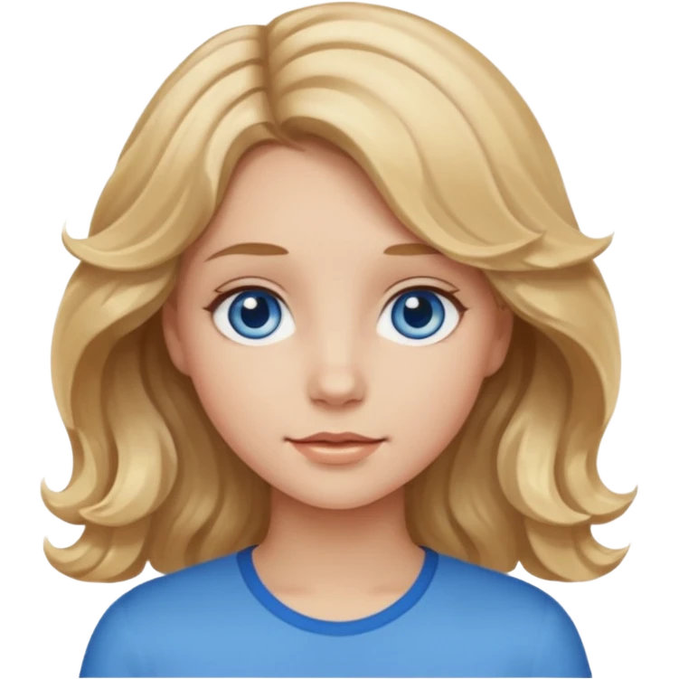 girl with blond hair at the ends it is light, brown, wavy hair, fair skin blue eyes emoji