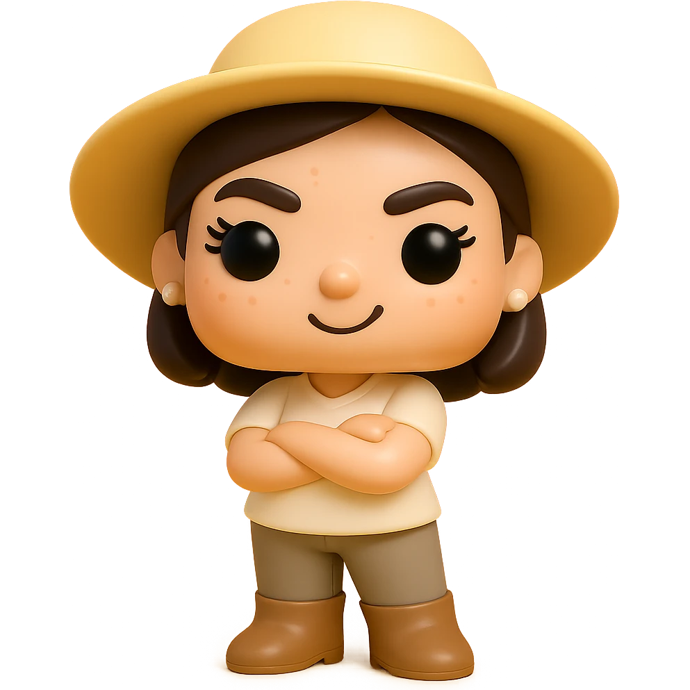 Create a Funko Pop style vinyl figure inspired by the reference image. The figure should have a cream-colored blouse, greige pants, dark beige Santiago boots, and a dark brown bob haircut tied back. Include small freshwater pearl earrings, rosy cheeks, eyelashes, light freckles, and a mischievous expression with arms crossed. No hat or other accessories. The background should be transparent. emoji